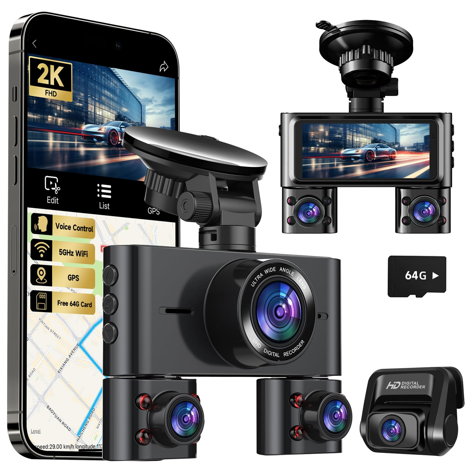 4K 360° Dash Cam for Cars with Front Rear Inside 4 Channel 2K Full HD Recording-image
