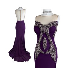Vintage Y2K Purple Beaded Mermaid Gown with Rhinestone Illusion Neckline