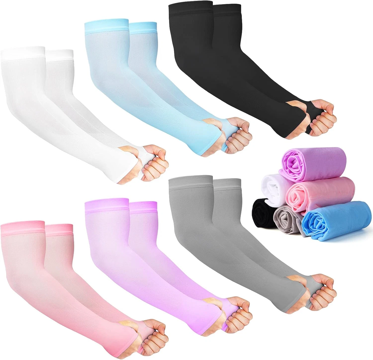 12 Pairs Sun Protection Sleeves UV Cooling Arm Men Women Sports with Thumb Hole