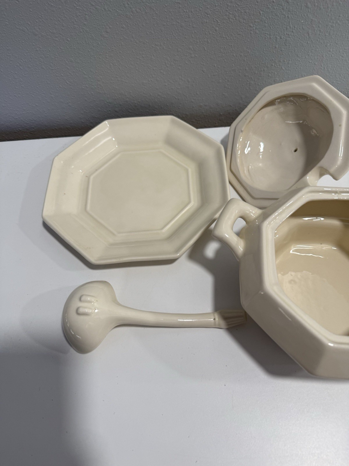 Vintage Off-White Ceramic Soup Tureen Bowl With Underplate, Lid and Ladle. thumbnail 5