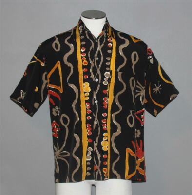 VTG MODA MONDO Paint Splash Abstract Lines Circles Stars Black Shirt Mn's M / L