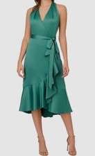 Adrianna Papell Women's Green Satin V-Neck Belted A-Line Dress Size 12