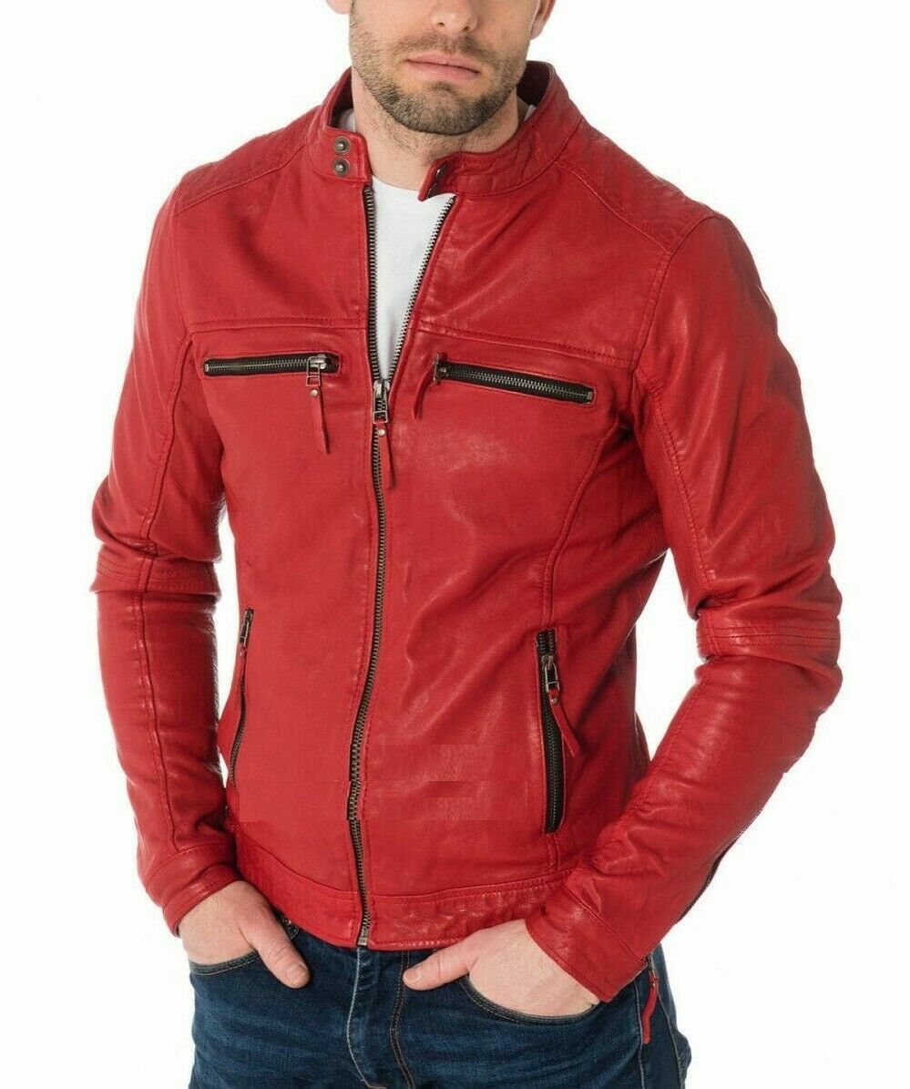 Men Red Leather Jacket Biker Motorcycle Genuine Lambskin Hide Café