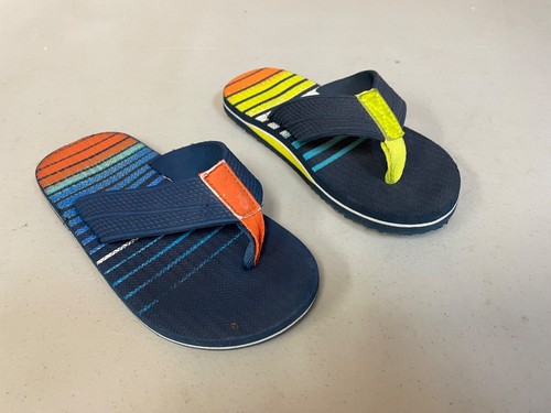 Boys Flip Flops Size 11-12 Mismatched Stripes Navy Orange Yellow Sandals