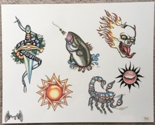 Tattoo Flash Single Sheet Print Largemouth Bass Scorpion Dagger Skull 11 X 14
