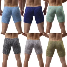 Mens Soft Underwear Comfy Boxers Mid-Waist Convex Pouch Shorts Long Leg Pants