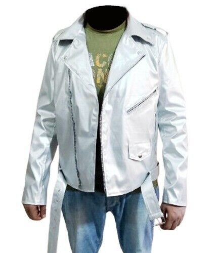 Chaqueta de Cuero para Hombre Estilo Motociclista Cinturón Moto Plateada Metálica Chaqueta de Cuero