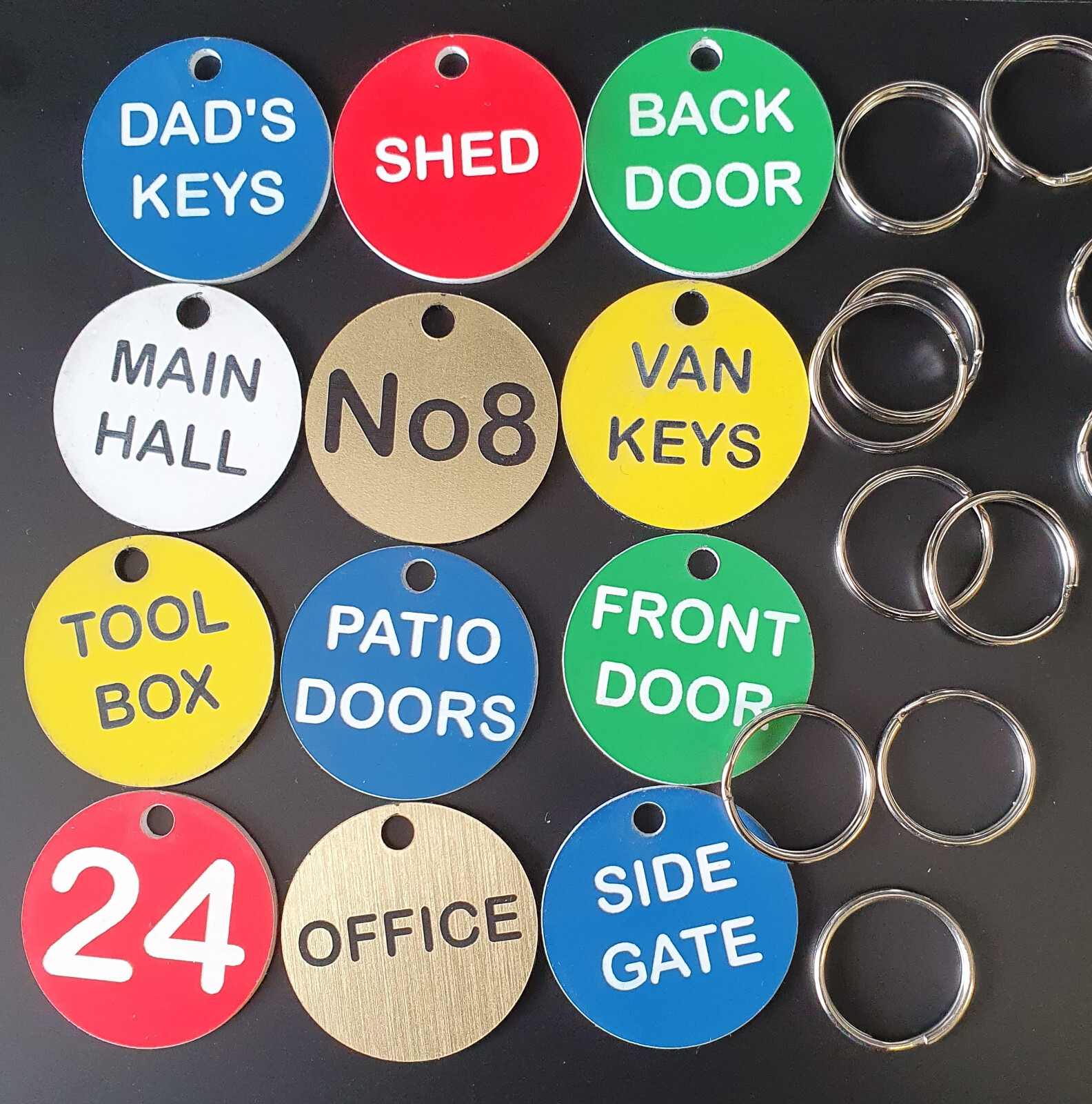 Colour Coded Laser Engraved 30mm Keyring Fob Tag Shed Garage Front Back Door