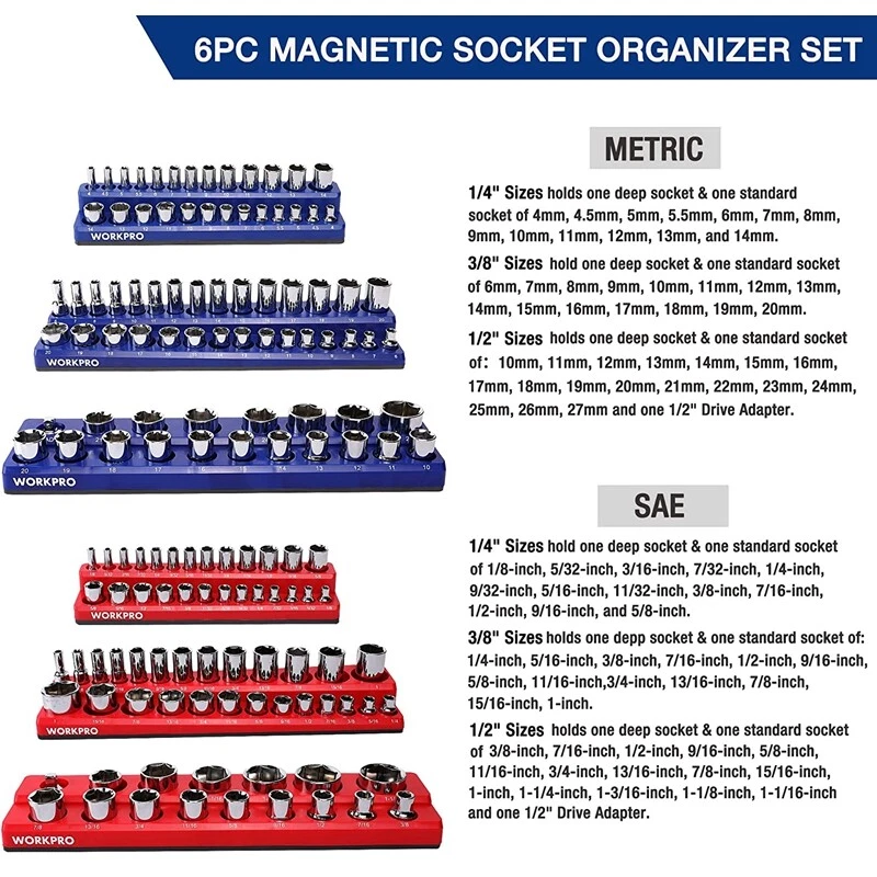Conjunto organizador de soquete magnético WORKPRO 1/4" 3/8" 1/2" Dr métrico suporte de soquete SAE - Imagem 4 de 4