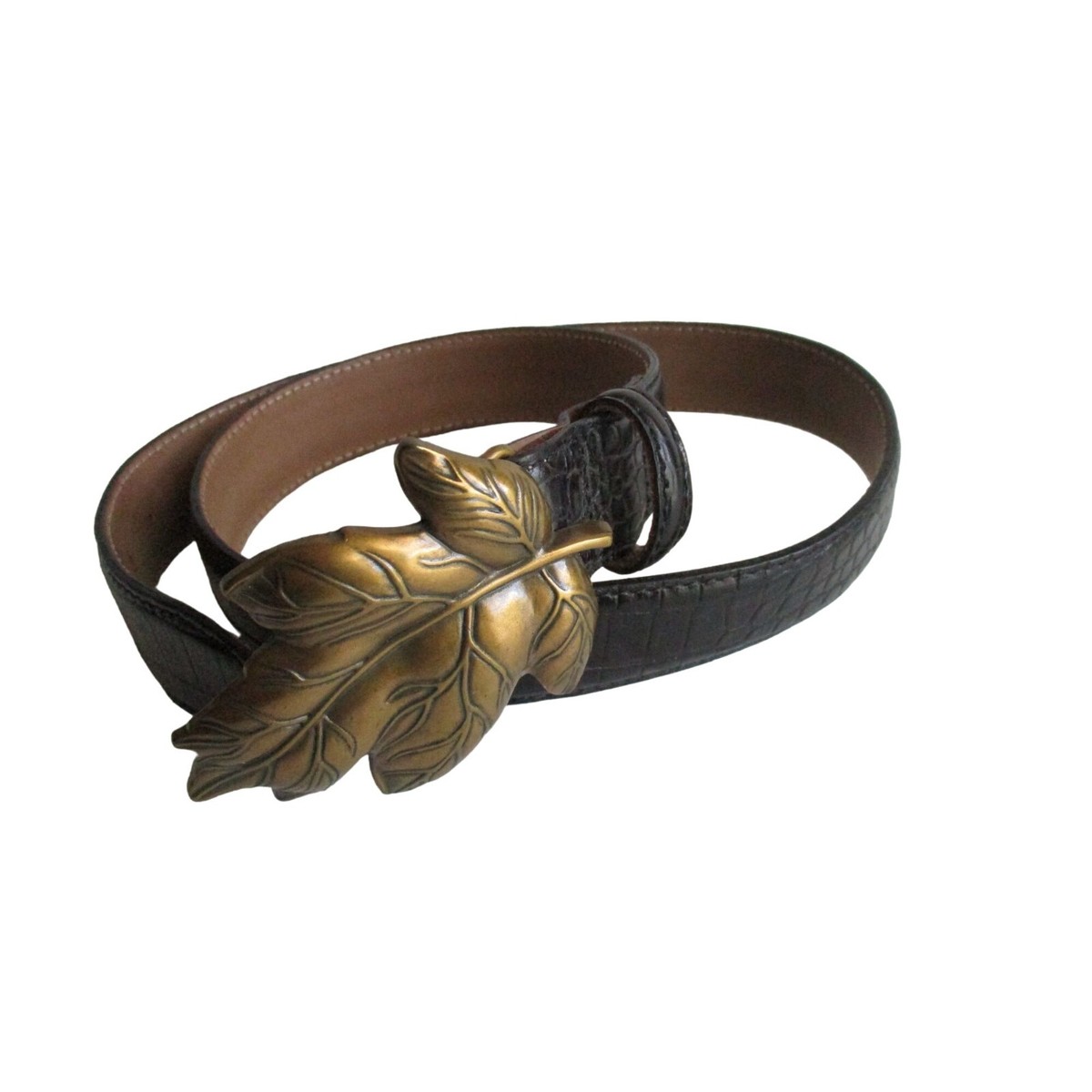 Talbots Brown Leather Croc Belt Patent Embossed Leaf Punch Buckle TALBOTS Brown Leather Faux Croc Belt Large Leaf Buckle Made  main image 4