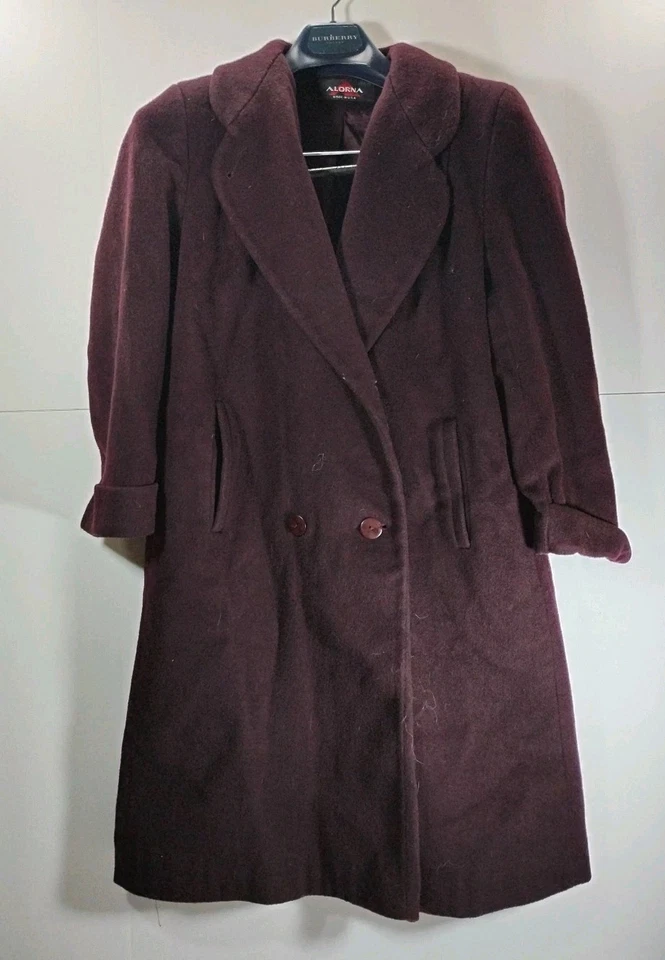 Abrigo Largo Parka Alorna Super Fina De Colección Años 80 Lana Doble Pecho Lana Borgoña Foto 2 de 4
