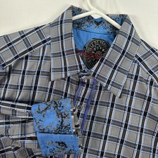 Robert Graham Shirt Mens XL Gray Blue Plaid Long Sleeve Button Front Flip Cuff