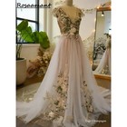 champagne A-line wedding dress cap sleeve 3D floral appliques lace bridal gowns