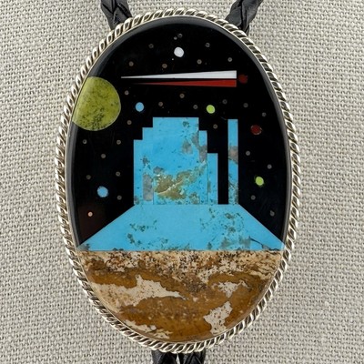 Navajo Sterling Silver Space Landscape Inlay Bolo Tie Native American Jewelry