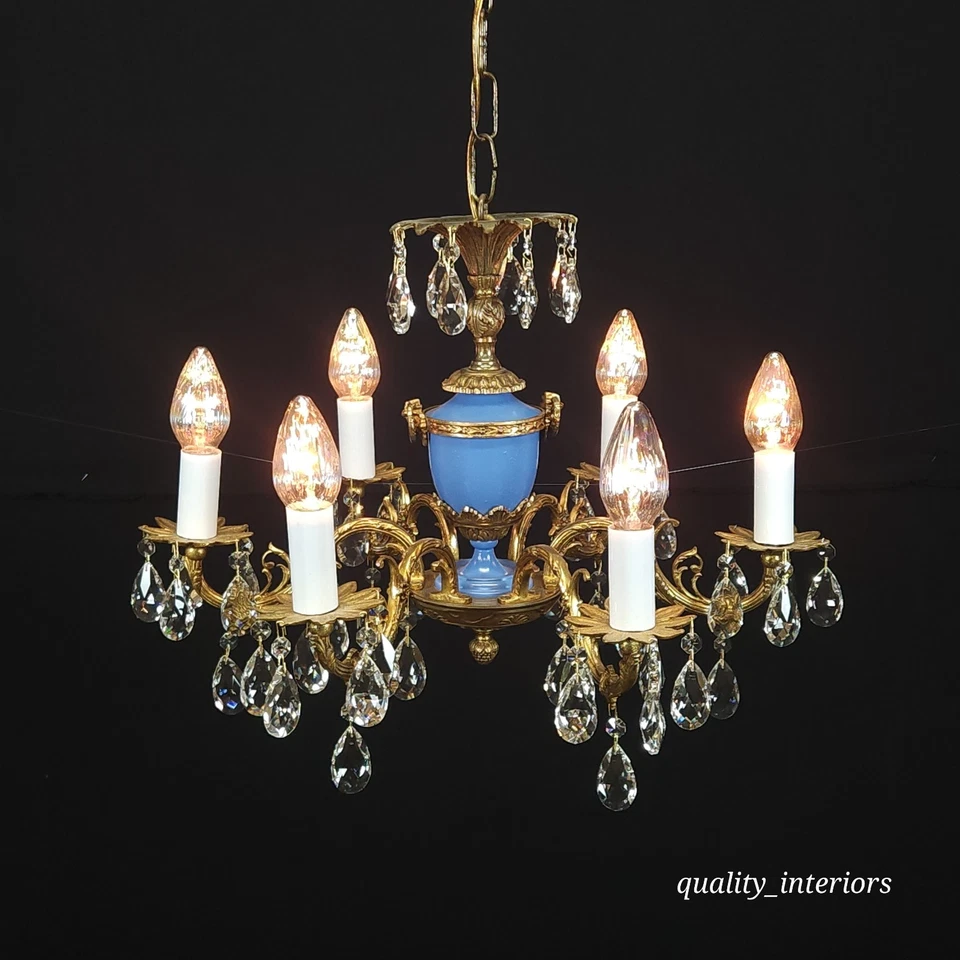 Antigua araña francesa de latón pátina oscura azul imperial imperio 6 brazos 6 luces Foto 3 de 4