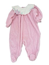Vintage Little Me Pink Velour one piece size 9 months embroidered flowers USA ma