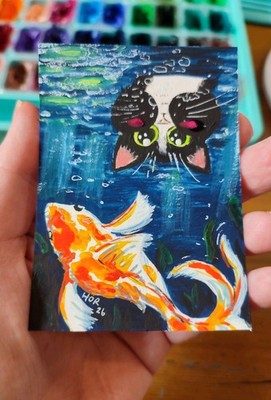 ACEO Original Katze im Koiteich von H.OReilly.Art Gouache Gemälde