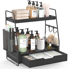 2-Tier Bathroom Counter Organizer with Drawer, Wood Counter Storage Shelf Black