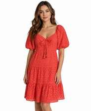 Vince Camuto V Neck Short Puff Sleeve Eyelet Poppy Fit & Flare Dress Women 12 NW