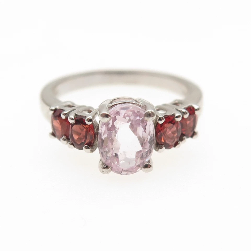 Anillo de plata de ley 925 real de corte ovalado de kuncita y granate rojo talla 7,25 Foto 3 de 4
