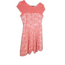 Danny and Nicole Coral Lace Dress Size 8 Fit Flare Mesh Yoke Cap Sleeve...