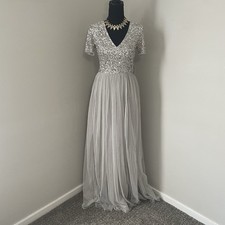 NWT MAYA DELUXE Tall Sz 4 Bridesmaid Maxi Sequin/Tulle Dress Long Silver/Gray