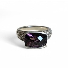 Large Amethyst Gemstone Sterling Silver Textured Band Ring Marked 925 Size 6