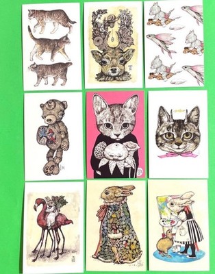 Yuko Higuchi Postcard Set of 9 Cats Animals Art Japan Unused 5.9x3.9 in