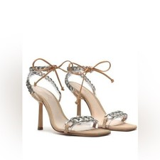 Schutz Clelia Nude Chain Stiletto Sandals Square Toe Ankle Tie Heels 8