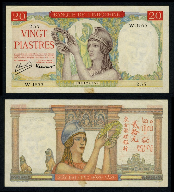 French Indochina 1936-1939 20 Piastres P81A W1577-257 Women & Athena (IDN55))