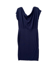 THANKS  Dress Woman's L Blue Midi Draped Neck Waist Defined Knit Cap Sleeve
