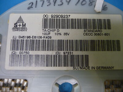 S + M COMPONENTS  B45196-E6106-K409 Qty of 45 per Lot Cap Tant 10 Uf 7343 35V