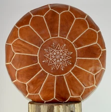 Wonderful Round Leather Moroccan Footstool Pouffe Ottoman Handmade Genuine