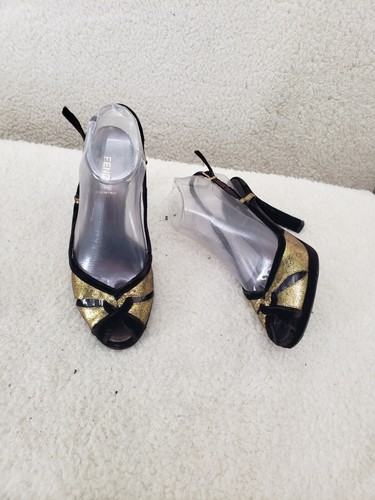 Fendi Women Sandals 37 Gold Glitter Open Toe Ankle Platform Heel Shoes US6 - Picture 4 of 19