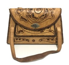Leather Hand Tooled Floral Pattern Brown Tan Large Handbag Purse Buckle Mexico