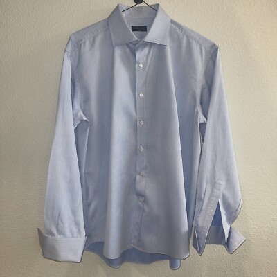 Corneliani Dress Shirt Mens 17/43 L Blue Striped Button Up French Cuff Formal