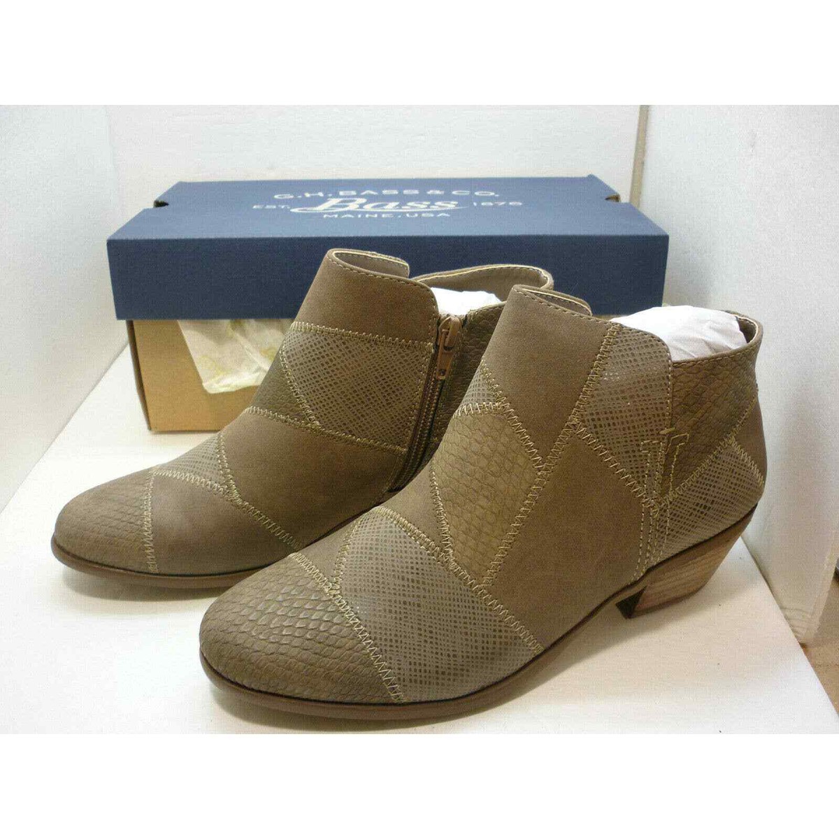 GH Bass Nina Ankle Boots Size 7M New IN BOX Mushroom Patchwork 6154-3426-235