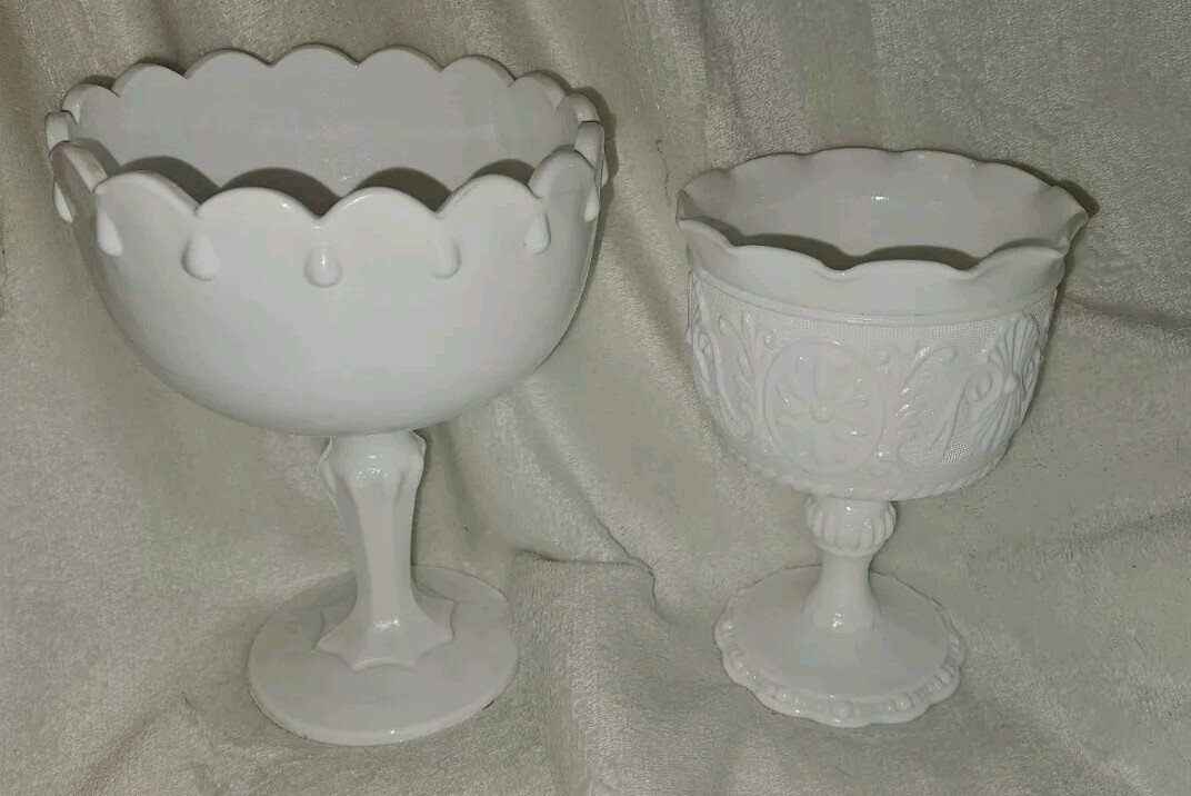 Vintage Tiara Pedestal Milk Glass Compote and Candy Dish 2-Piece Set