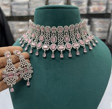 Wedding Choker Bollywood Necklace Matching Earrings Set CZ ,AD Stone