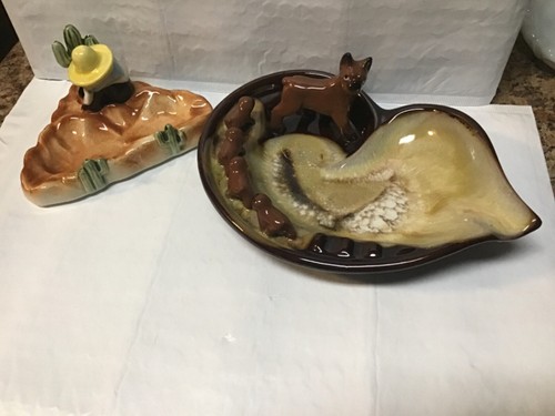 2 Vintage Ashtrays : Boxer w/4 Pups 8.75”x 6” & Man and Cactus 5.75”x 4” Japan