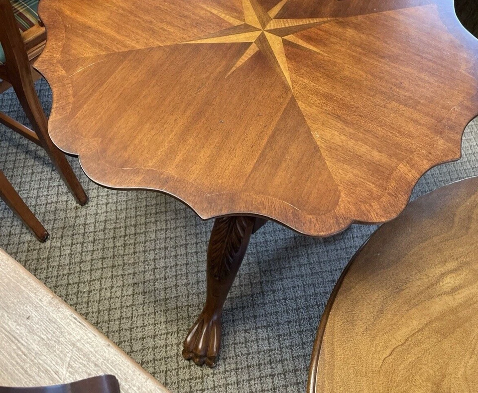 Pedestal End Table Mahogany Stain Free Form Carved Burl with Compass Rose Inlay - Image 3 of 4