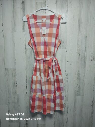 Nwt J. Crew Factory Plaid Faux Wrap Dress Size 10 Women Orange Purple Pockets