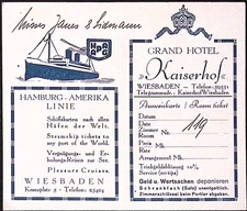Hamburg America Line x Grand Hotel Kaiserhofe Room Assignment Card Steamship