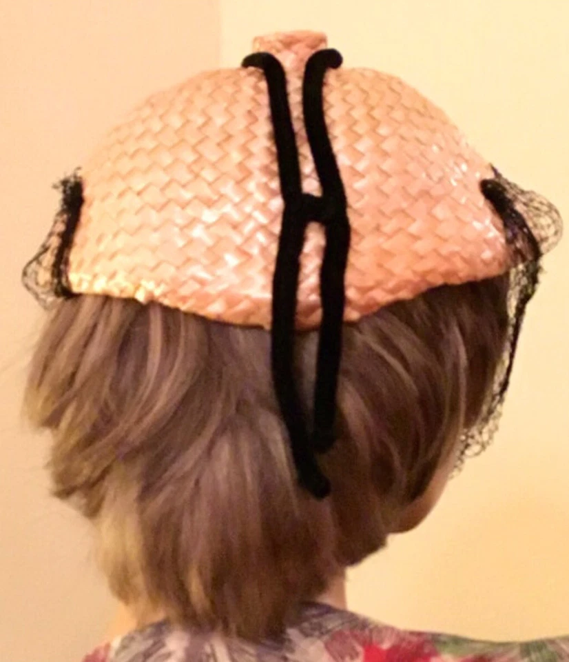 Sombrero de Paja Celofán Rosa Años 50 con Cara Completa Velo Negro Foto 4 de 4