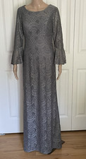 NWT Alex Evenings 6 Pewter Gray Lace Rhinestones Empire Long Formal Gown Dress