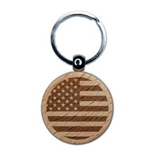 Circle USA Flag United States of America Engraved Wood Round Keychain Tag Charm