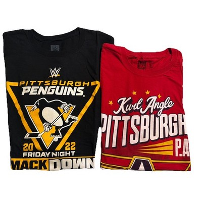 2 WWE Wrestling Shirts Kurt Angle & Pittsburgh Penguins Smackdown aew wcw roh