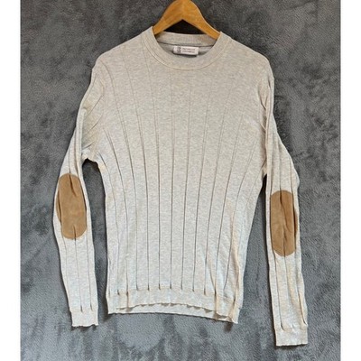 Brunello Cucinelli Cotton Ribbed Sweater Mens 46 34x26 Suede Elbow Patches Vtg