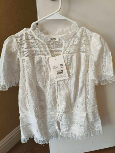 Sézane Shenali Blouse Ecru Floral Lace Sheer Collared Short Sleeve size 4