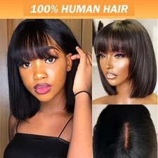 Glueless Brazilian Remy Human Hair Wig - Natural Color Short Bob with Bangs, 4x1